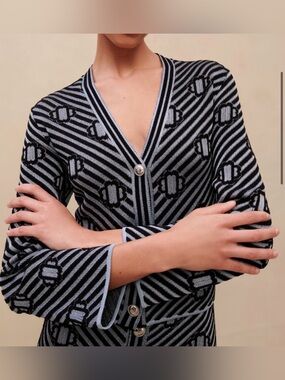 Maje - Blue &  Metallic
Knit Cardigan W/ Silver
Buttons-Sz 2 (Medium)